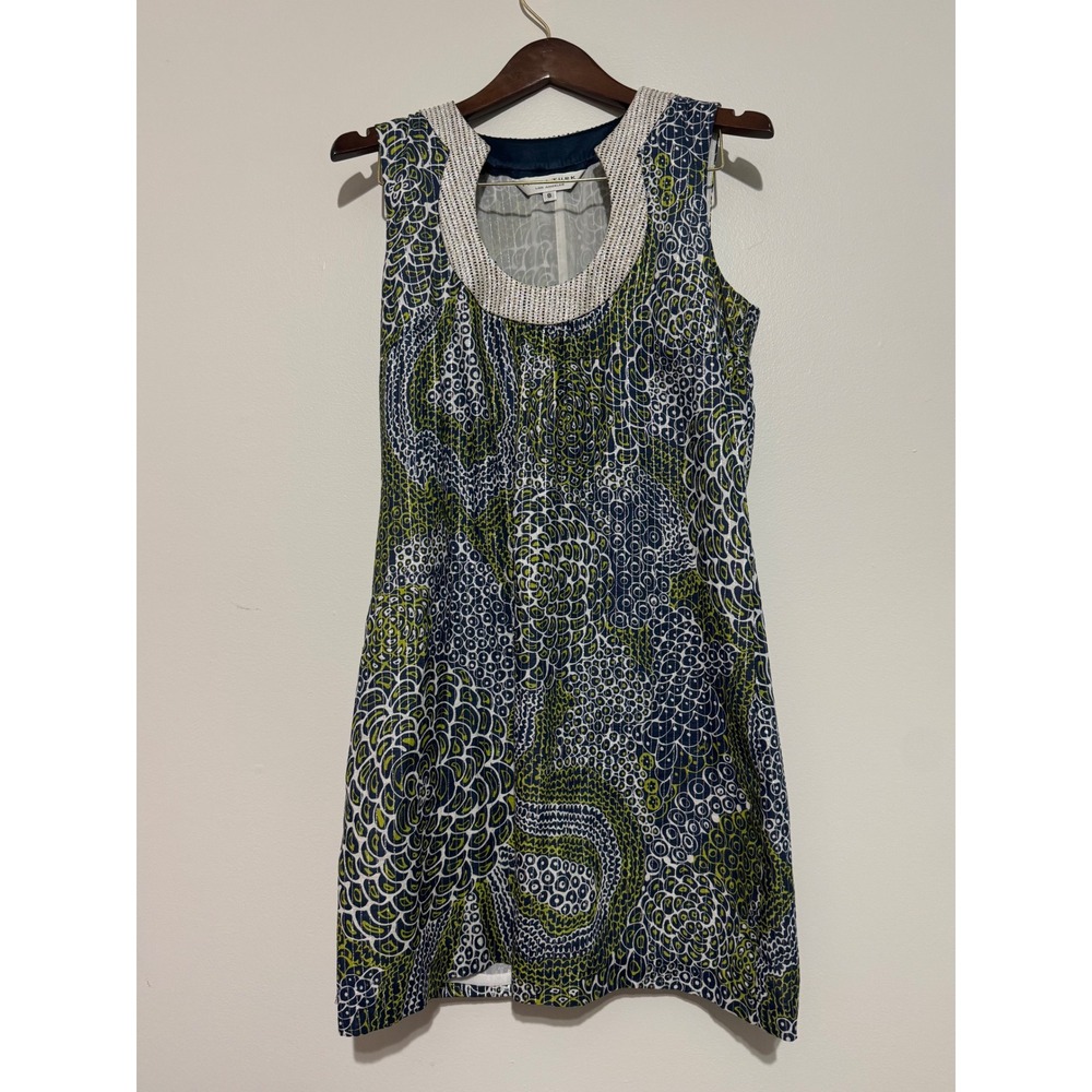 Trina Turk Womens Blue Green Abstract Metallic Shift Dress Size 8 Made in USA